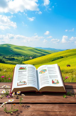 A picturesque countryside landscape featuring rolling green hills and a vibrant blue sky