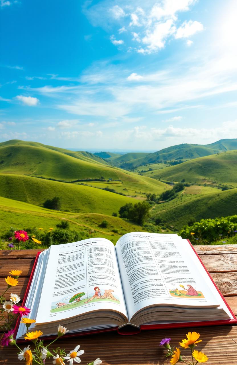 A picturesque countryside landscape featuring rolling green hills and a vibrant blue sky