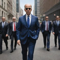 A caricature of Joe Biden in a stylized 'mafia' avatar, standing confidently in a suit and sunglasses on a slick city street, surrounded by his entourage also in matching outfits.