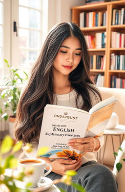 A beautiful girl with long, flowing hair, sitting in a bright, cozy room filled with sunlight