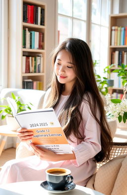 A beautiful girl with long, flowing hair, sitting in a bright, cozy room filled with sunlight