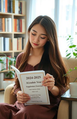 A beautiful girl with long, flowing hair, sitting in a bright, cozy room filled with sunlight