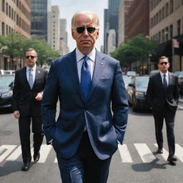 A caricature of Joe Biden in a stylized 'mafia' avatar, standing confidently in a suit and sunglasses on a slick city street, surrounded by his entourage also in matching outfits.