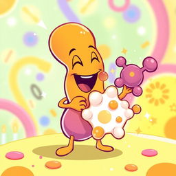 A playful and imaginative illustration depicting an enzyme styled as a cartoon character joyfully 'eating' a substrate molecule