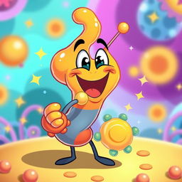 A playful and imaginative illustration depicting an enzyme styled as a cartoon character joyfully 'eating' a substrate molecule