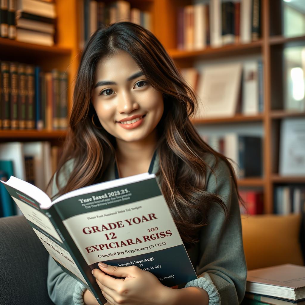 A beautiful young woman with an intelligent expression, sitting in a cozy study environment, holding a textbook titled '2024-2025 Academic Year Grade 12 English Supplementary Exercises [Unit 1 to 7] Compiled by Saya Aung [B