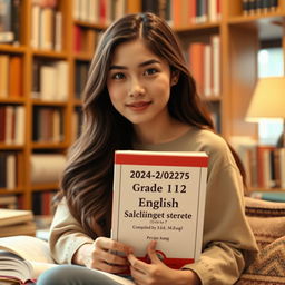 A beautiful young woman with an intelligent expression, sitting in a cozy study environment, holding a textbook titled '2024-2025 Academic Year Grade 12 English Supplementary Exercises [Unit 1 to 7] Compiled by Saya Aung [B