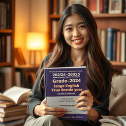 A beautiful young woman with an intelligent expression, sitting in a cozy study environment, holding a textbook titled '2024-2025 Academic Year Grade 12 English Supplementary Exercises [Unit 1 to 7] Compiled by Saya Aung [B