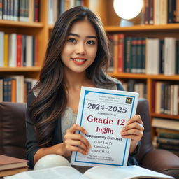 A beautiful young woman with an intelligent expression, sitting in a cozy study environment, holding a textbook titled '2024-2025 Academic Year Grade 12 English Supplementary Exercises [Unit 1 to 7] Compiled by Saya Aung [B