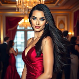 A stunning portrait of a confident woman with striking blue eyes and long flowing dark hair, wearing an elegant deep red evening gown that shimmers under the soft glow of chandelier lighting