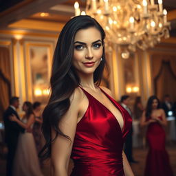 A stunning portrait of a confident woman with striking blue eyes and long flowing dark hair, wearing an elegant deep red evening gown that shimmers under the soft glow of chandelier lighting