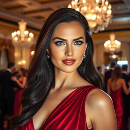 A stunning portrait of a confident woman with striking blue eyes and long flowing dark hair, wearing an elegant deep red evening gown that shimmers under the soft glow of chandelier lighting