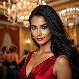 A stunning portrait of a confident woman with striking blue eyes and long flowing dark hair, wearing an elegant deep red evening gown that shimmers under the soft glow of chandelier lighting