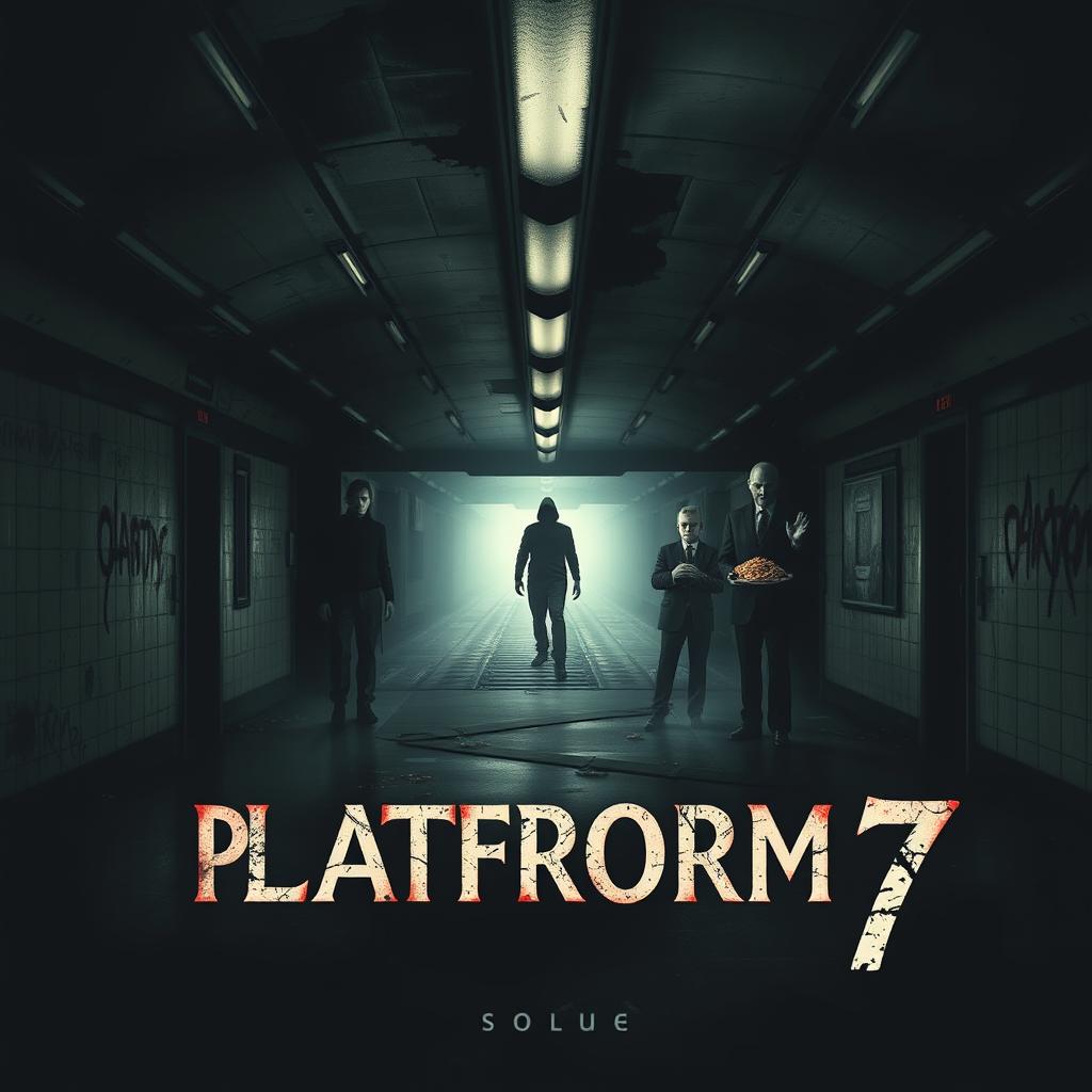 A psychological horror movie poster titled 'PLATFORM 7', featuring a desolate and decayed subway station