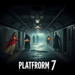 A psychological horror movie poster titled 'PLATFORM 7', featuring a desolate and decayed subway station