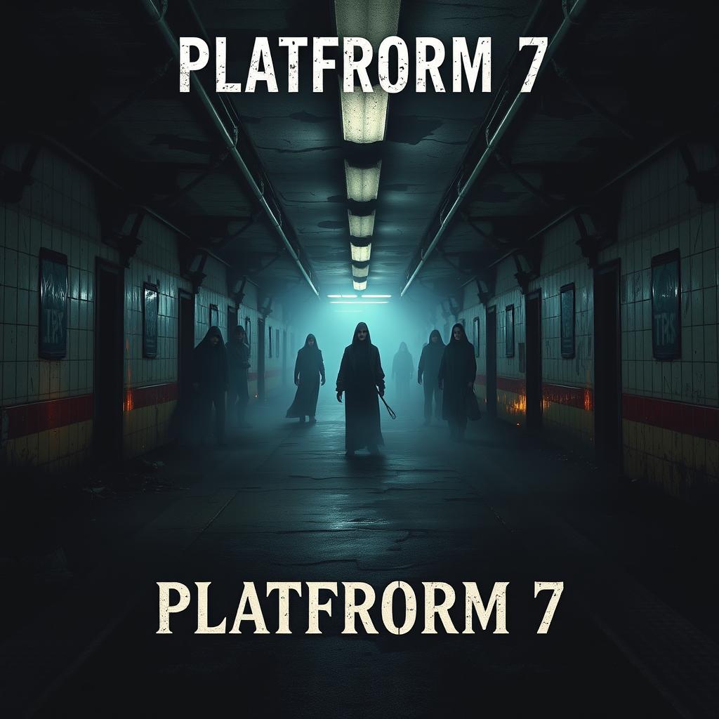 A psychological horror movie poster titled 'PLATFORM 7', featuring a desolate and decayed subway station