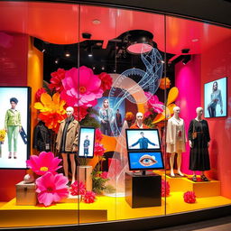 A striking and innovative boutique window display showcasing a variety of stylish clothing