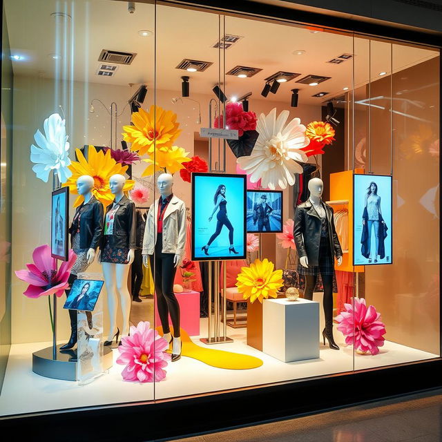 A striking and innovative boutique window display showcasing a variety of stylish clothing