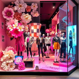 A striking and innovative boutique window display showcasing a variety of stylish clothing