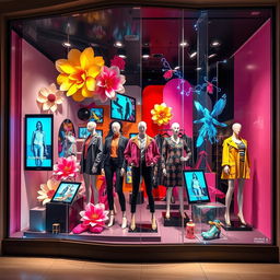 A striking and innovative boutique window display showcasing a variety of stylish clothing