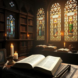 A visually stunning representation of Reformed theology concepts, showcasing an ornate, ancient library filled with theological books