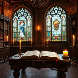 A visually stunning representation of Reformed theology concepts, showcasing an ornate, ancient library filled with theological books