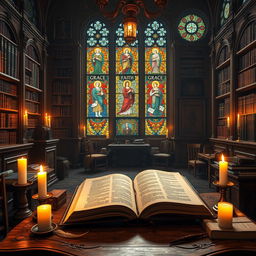 A visually stunning representation of Reformed theology concepts, showcasing an ornate, ancient library filled with theological books