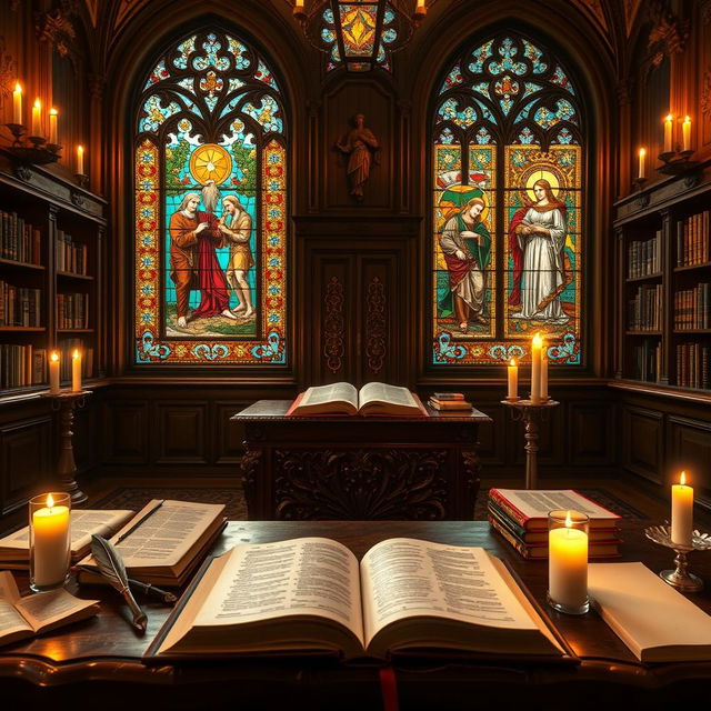 A visually stunning representation of Reformed theology concepts, showcasing an ornate, ancient library filled with theological books