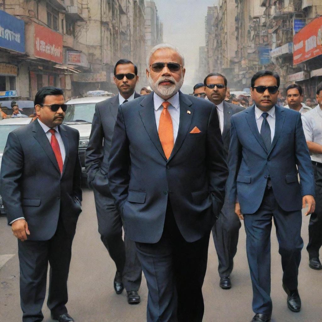 Caricature of Narendra Modi as a powerful 'mafia' figure, flanked by his entourage on a busy Indian street, all wearing sharp suits and sunglasses, against a backdrop of bustling city life.