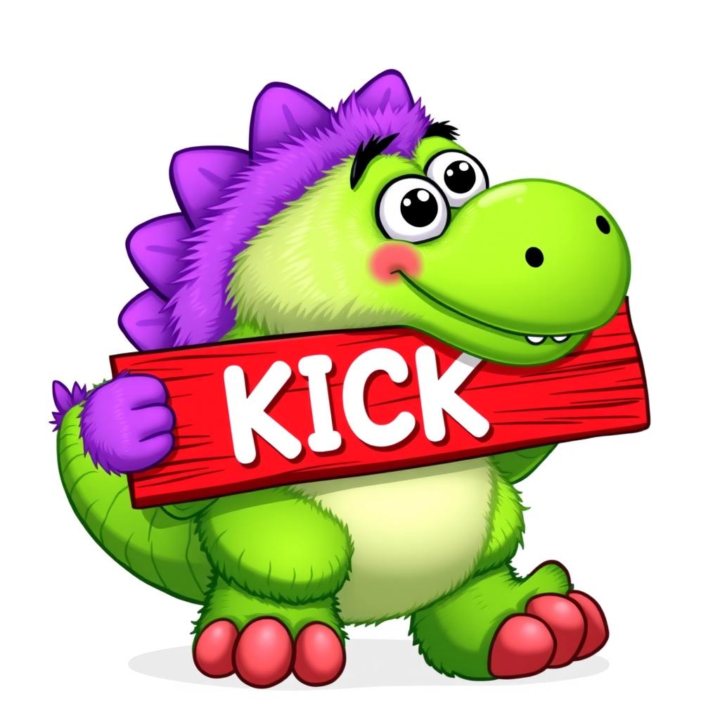 A fluffy T-rex inspired by Sesame Street, colorful and cartoonish with bright green and purple scales, holding a red wooden plank that features the word "KICK" in bold white letters