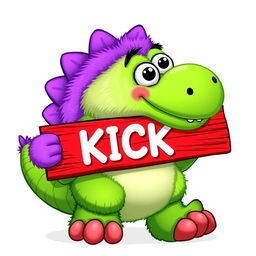 A fluffy T-rex inspired by Sesame Street, colorful and cartoonish with bright green and purple scales, holding a red wooden plank that features the word "KICK" in bold white letters