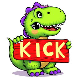 A fluffy T-rex inspired by Sesame Street, colorful and cartoonish with bright green and purple scales, holding a red wooden plank that features the word "KICK" in bold white letters