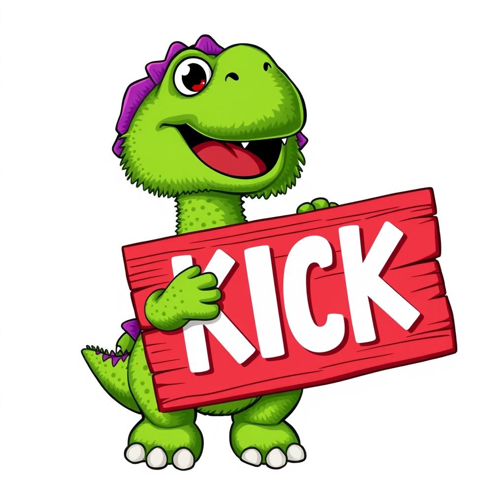 A fluffy T-rex inspired by Sesame Street, colorful and cartoonish with bright green and purple scales, holding a red wooden plank that features the word "KICK" in bold white letters