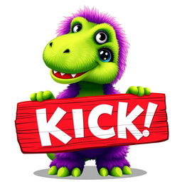 A fluffy T-rex inspired by Sesame Street, colorful and cartoonish with bright green and purple scales, holding a red wooden plank that features the word "KICK" in bold white letters