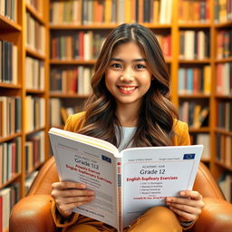 A beautiful girl sitting in a cozy library, holding an open book titled '2024-2025 Academic Year Grade 12 English Supplementary Exercises [Unit 1 to 7] Compiled by Saya Aung [B