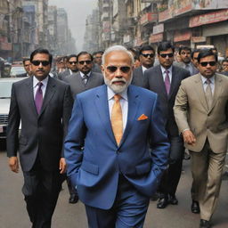 Caricature of Narendra Modi as a powerful 'mafia' figure, flanked by his entourage on a busy Indian street, all wearing sharp suits and sunglasses, against a backdrop of bustling city life.