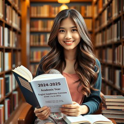 A beautiful girl sitting in a cozy library, holding an open book titled '2024-2025 Academic Year Grade 12 English Supplementary Exercises [Unit 1 to 7] Compiled by Saya Aung [B