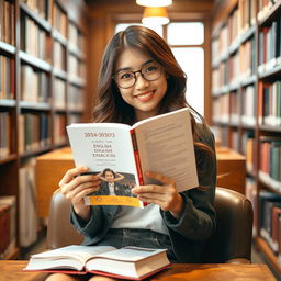 A beautiful girl sitting in a cozy library, holding an open book titled '2024-2025 Academic Year Grade 12 English Supplementary Exercises [Unit 1 to 7] Compiled by Saya Aung [B