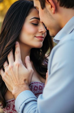 A romantic scene featuring a woman with dark brown hair in a soft side profile, leaning gently against a manly hand that caresses her cheek