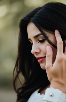 A romantic scene featuring a woman with dark brown hair in a soft side profile, leaning gently against a manly hand that caresses her cheek