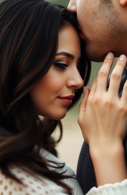 A romantic scene featuring a woman with dark brown hair in a soft side profile, leaning gently against a manly hand that caresses her cheek