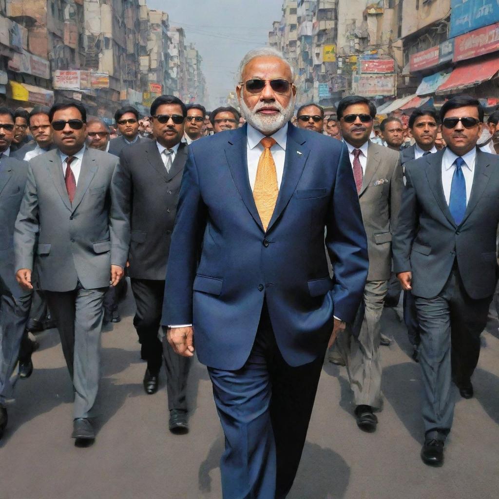 Caricature of Narendra Modi as a powerful 'mafia' figure, flanked by his entourage on a busy Indian street, all wearing sharp suits and sunglasses, against a backdrop of bustling city life.