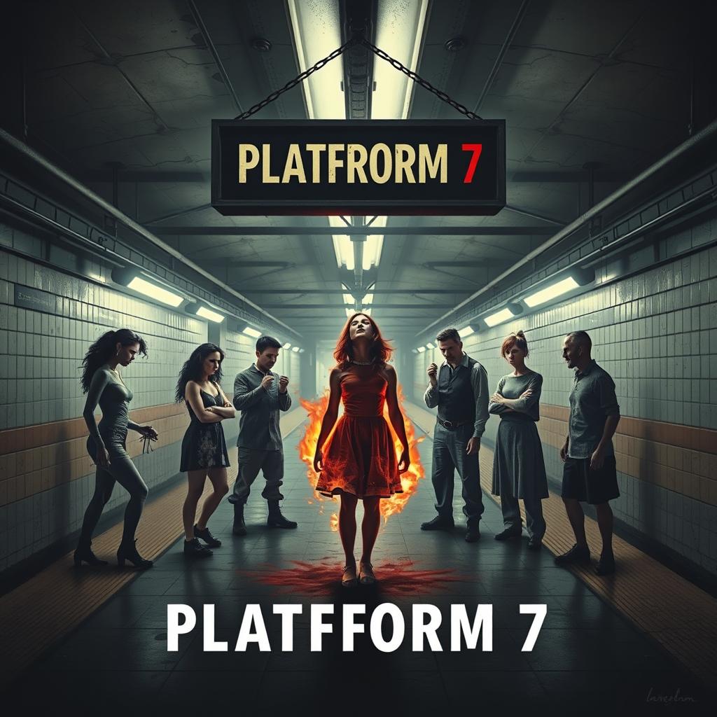 A psychological horror movie poster titled 'PLATFORM 7', showcasing a desolate and decayed subway platform