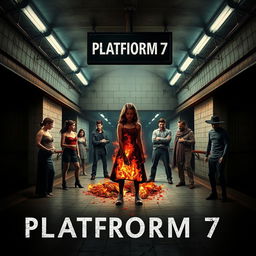 A psychological horror movie poster titled 'PLATFORM 7', showcasing a desolate and decayed subway platform