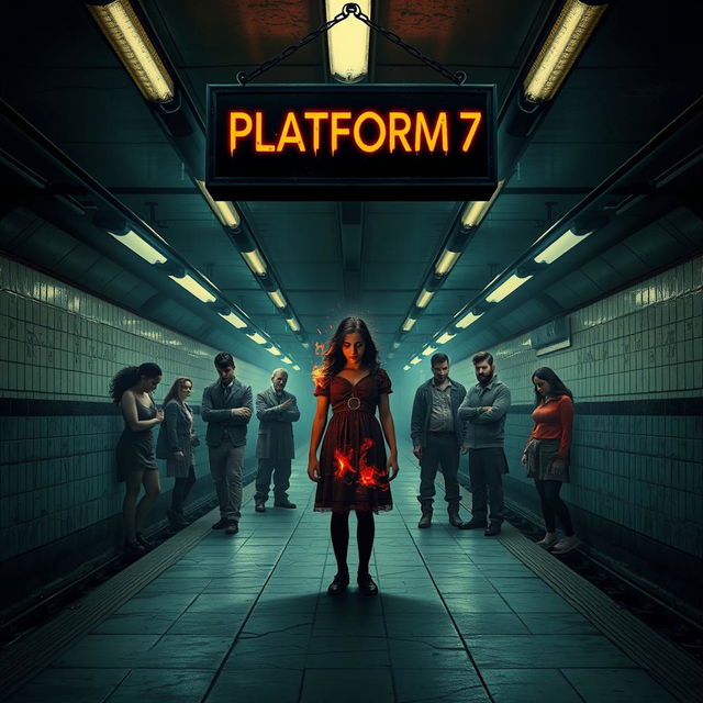 A psychological horror movie poster titled 'PLATFORM 7', showcasing a desolate and decayed subway platform