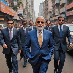 Caricature of Narendra Modi as a powerful 'mafia' figure, flanked by his entourage on a busy Indian street, all wearing sharp suits and sunglasses, against a backdrop of bustling city life.