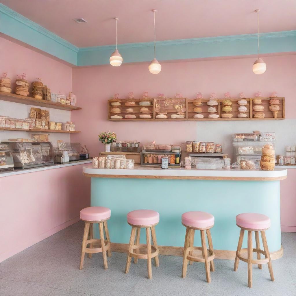 The cozy interior of an ice cream cafe with pastel tones, whimsical decor, dotted with wooden tables and chairs, and a counter presenting a selection of delectable flavors.