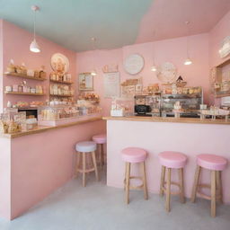 The cozy interior of an ice cream cafe with pastel tones, whimsical decor, dotted with wooden tables and chairs, and a counter presenting a selection of delectable flavors.