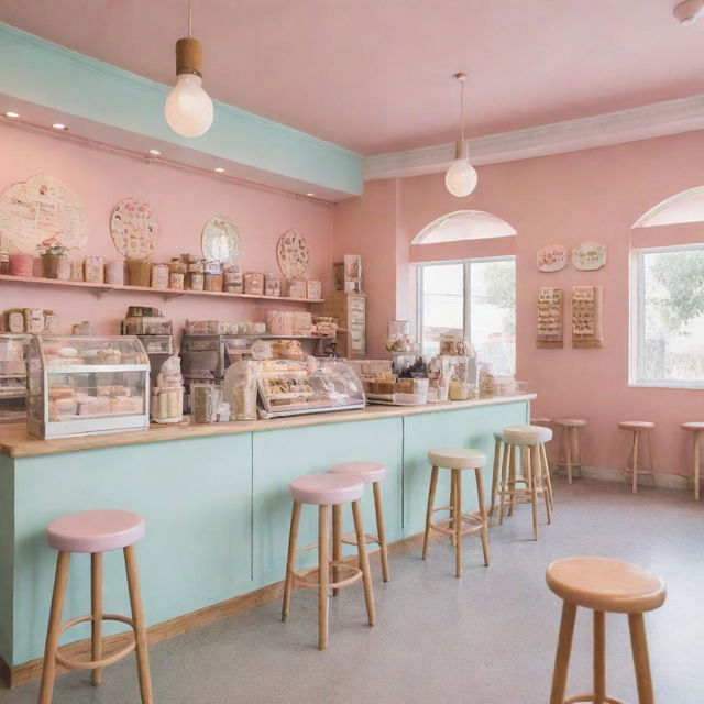 The cozy interior of an ice cream cafe with pastel tones, whimsical decor, dotted with wooden tables and chairs, and a counter presenting a selection of delectable flavors.