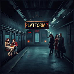 A psychological horror movie poster titled 'PLATFORM 7', featuring a subway train looming ominously over a section of a desolate, decayed subway platform